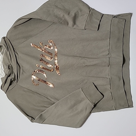 PINK Victoria's Secret Tops - PINK Victoria's Secret Olive Green Gold Sequined Logo Fleece Hoodie - Size Large